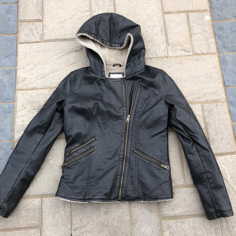 Levi's Women Dark Brown Faux Leather Hooded Moto Zip Jacket Sz XS